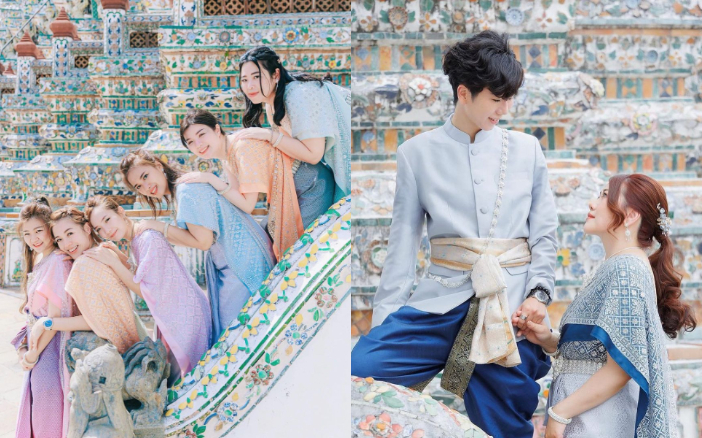 圖片來源：SENSE OF THAI@IG		白色泰服：代表純潔、平和。同時也是泰國婚禮服裝的主要顔色。	 			紅色/粉色泰服：被視爲吉祥的顔色。代表著愛情、熱情、力量，也是傳統婚禮和節日